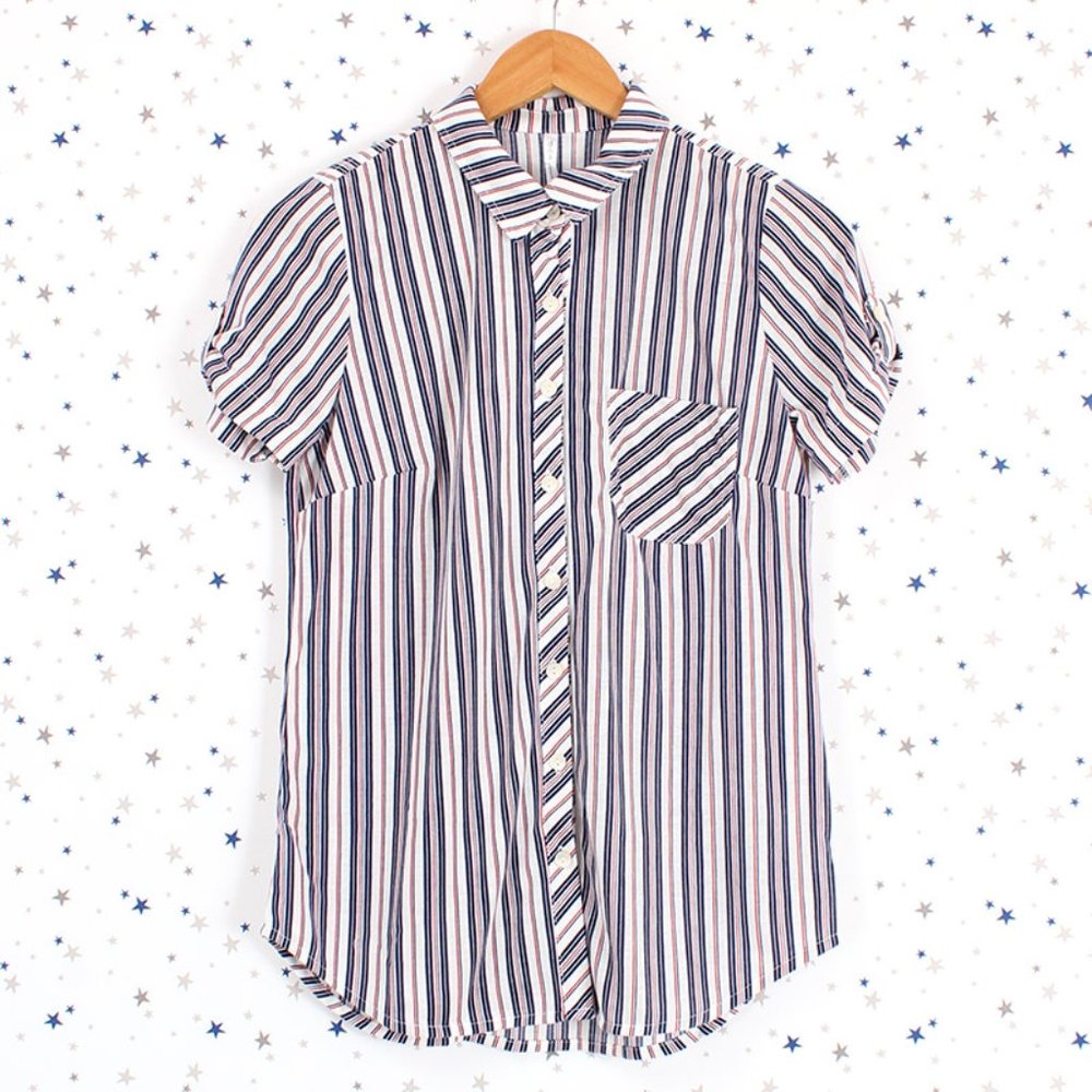 Short Sleeve Striped Button Up Shirt Navy Red